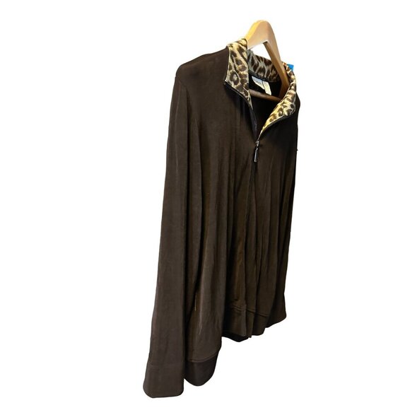 Chicos Travelers Brown Zip Up Jacket Leopard Trim Size L - Picture 3 of 8